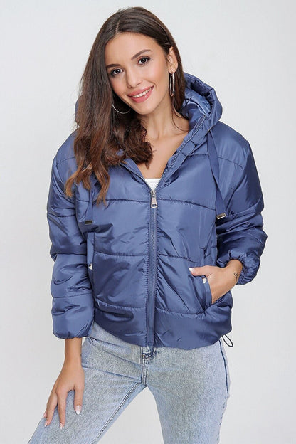 Women's Indigo Hooded Waist Drawstring Puffer Coat HZL22W-BD151171