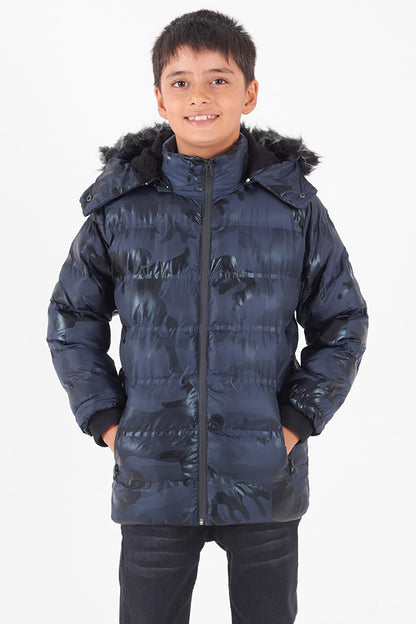 Boy's Coat Camouflage Patterned Hooded Puffer Coat 14538