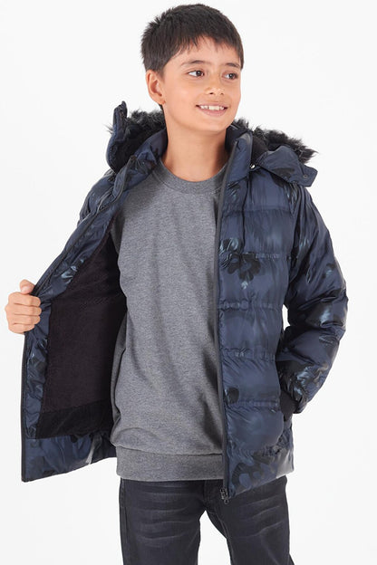 Boy's Coat Camouflage Patterned Hooded Puffer Coat 14538