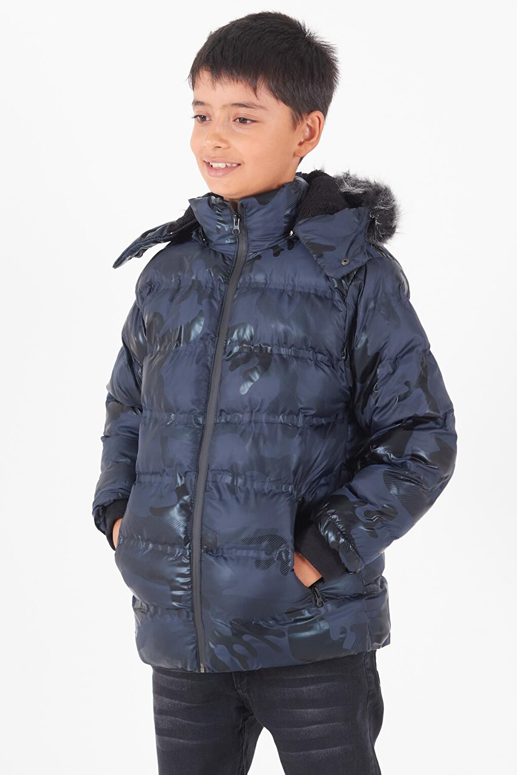 Boy's Coat Camouflage Patterned Hooded Puffer Coat 14538