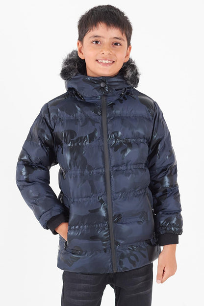 Boy's Coat Camouflage Patterned Hooded Puffer Coat 14538