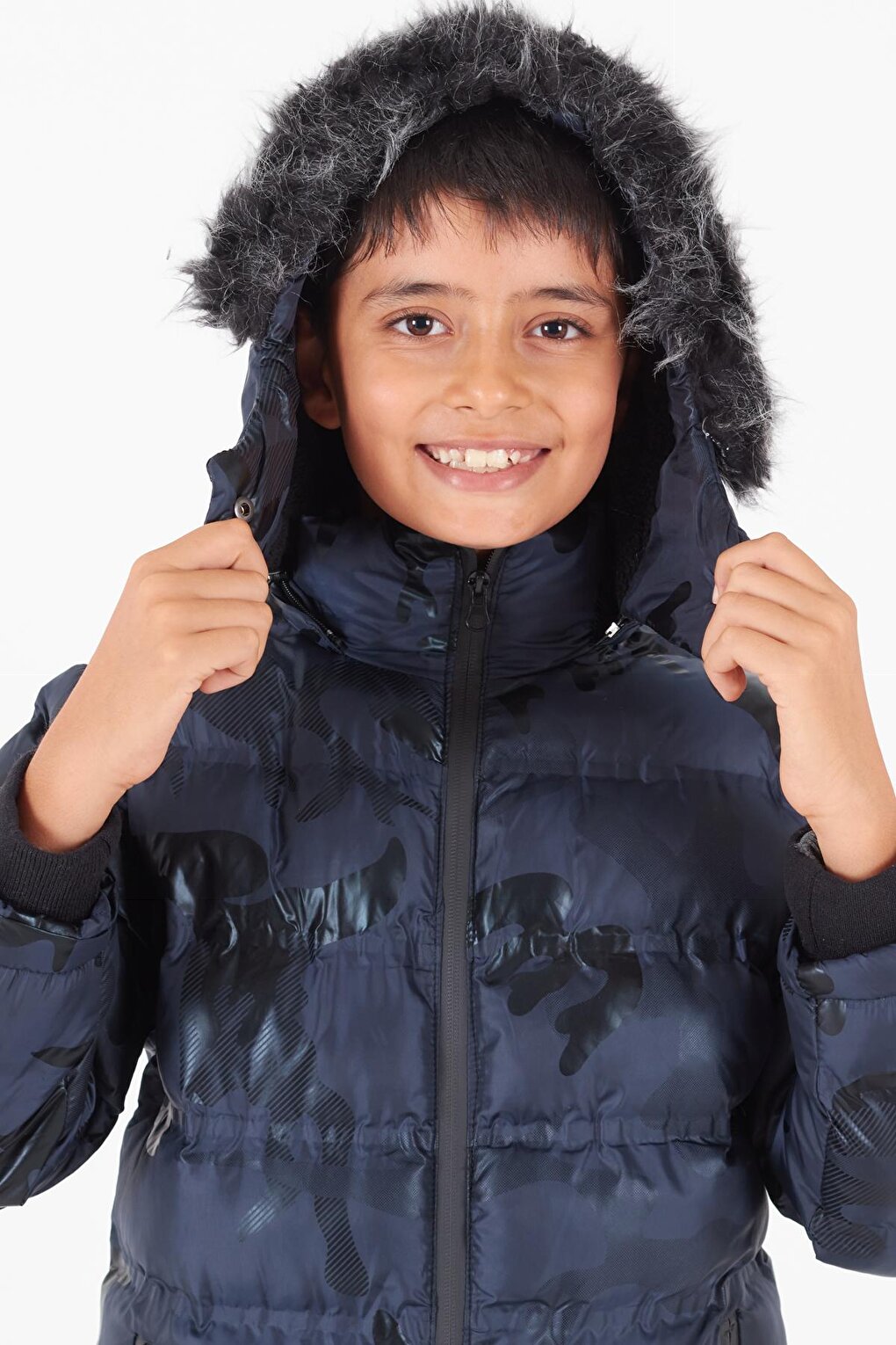 Boy's Coat Camouflage Patterned Hooded Puffer Coat 14538