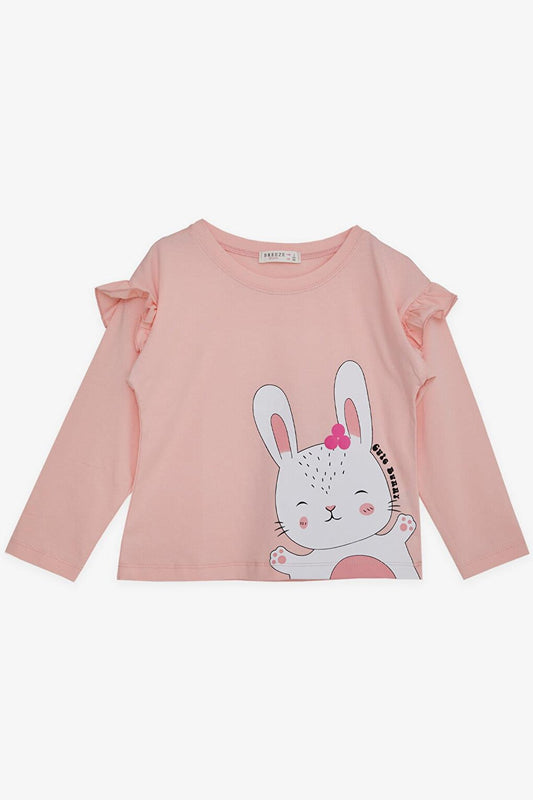 Girl's Long Sleeve T-Shirt Cute Bunny Printed Ruffle Shoulder Pink (Age 1-4)