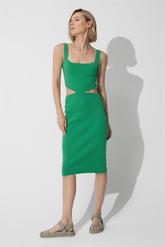 Green Low-cut Knitwear Midi Length Knitwear Dress SWD4581YE