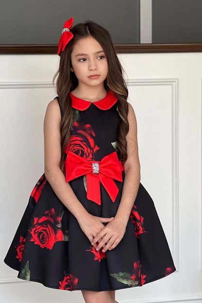 Girl's Baby Collar Rose Printed Black Dress