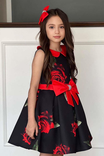 Girl's Baby Collar Rose Printed Black Dress