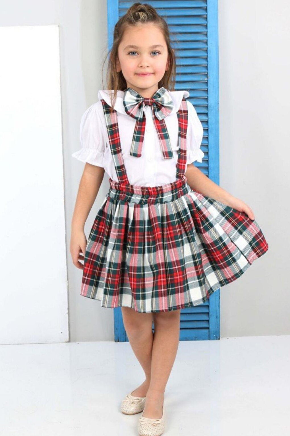 Girl's Plaid Patterned Bow Detailed Red Skirt Salopet 2-12 Years