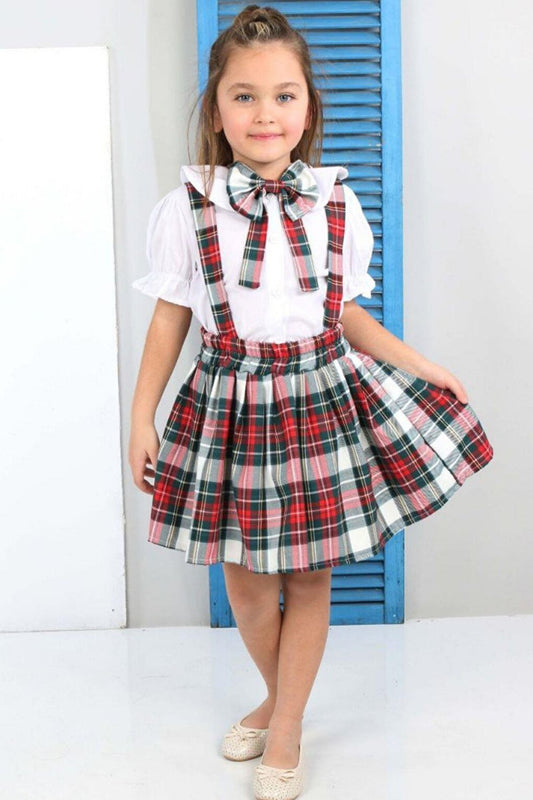 Girl's Plaid Patterned Bow Detailed Red Skirt Salopet 2-12 Years