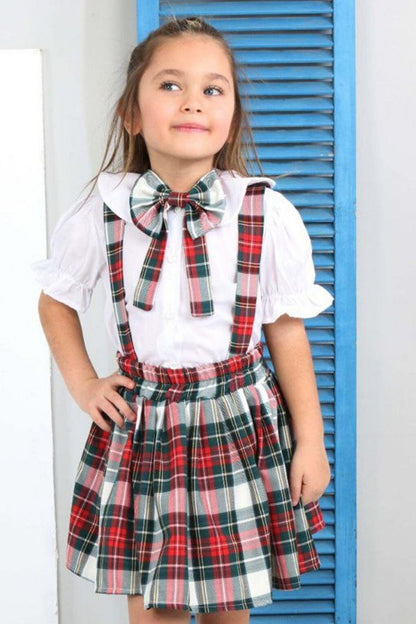 Girl's Plaid Patterned Bow Detailed Red Skirt Salopet 2-12 Years