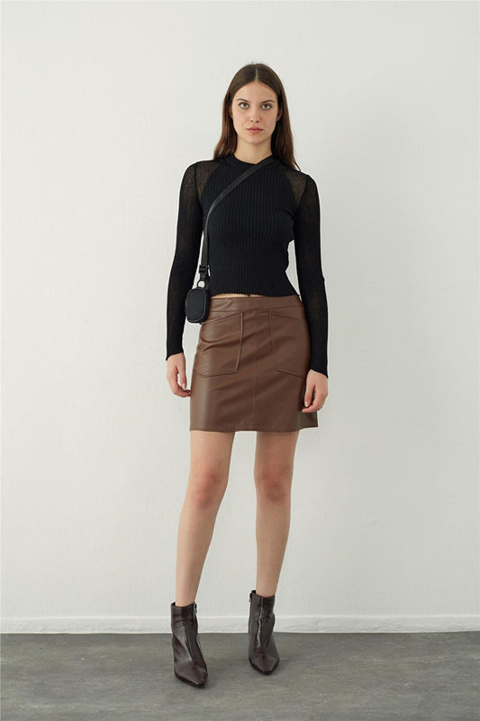 Brown Pocket Detailed Leather Look Mini Skirt