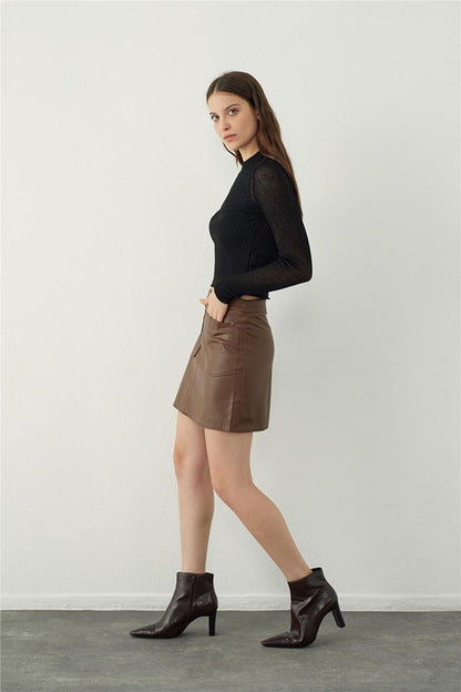 Brown Pocket Detailed Leather Look Mini Skirt