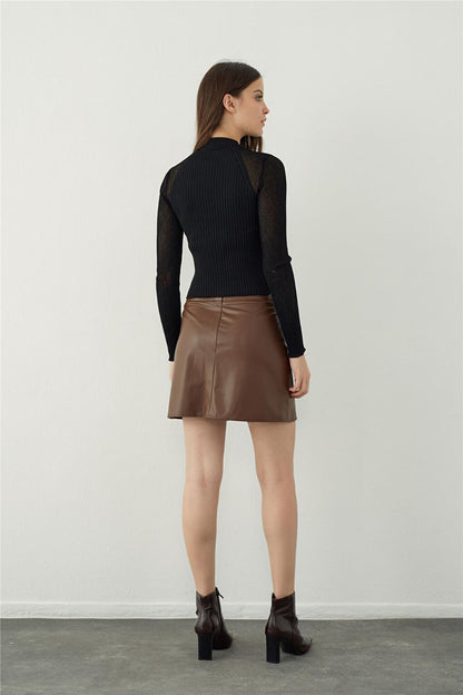 Brown Pocket Detailed Leather Look Mini Skirt