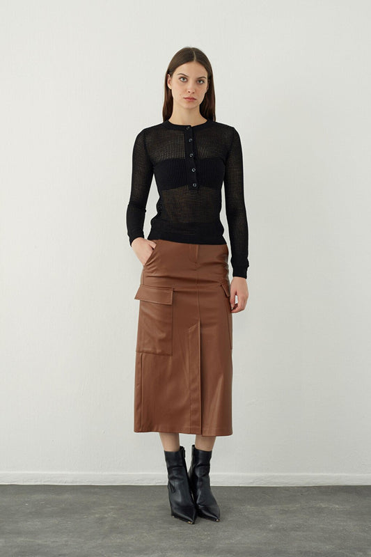 Brown Leather Look Midi Skirt with Pocket Detail