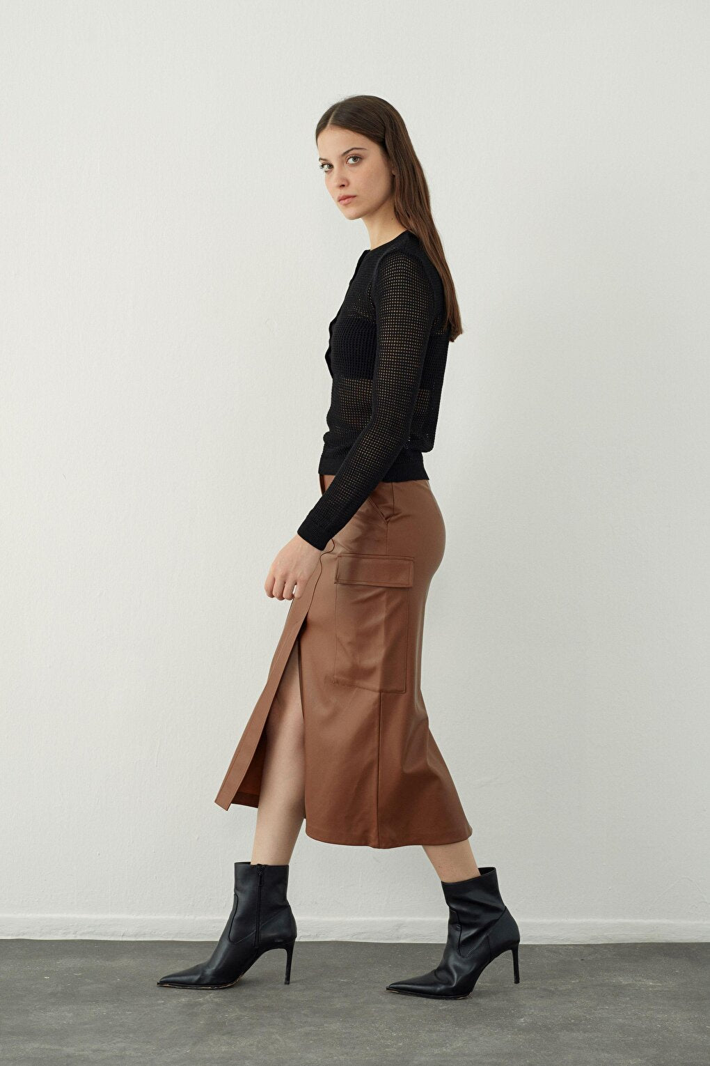 Brown Leather Look Midi Skirt with Pocket Detail