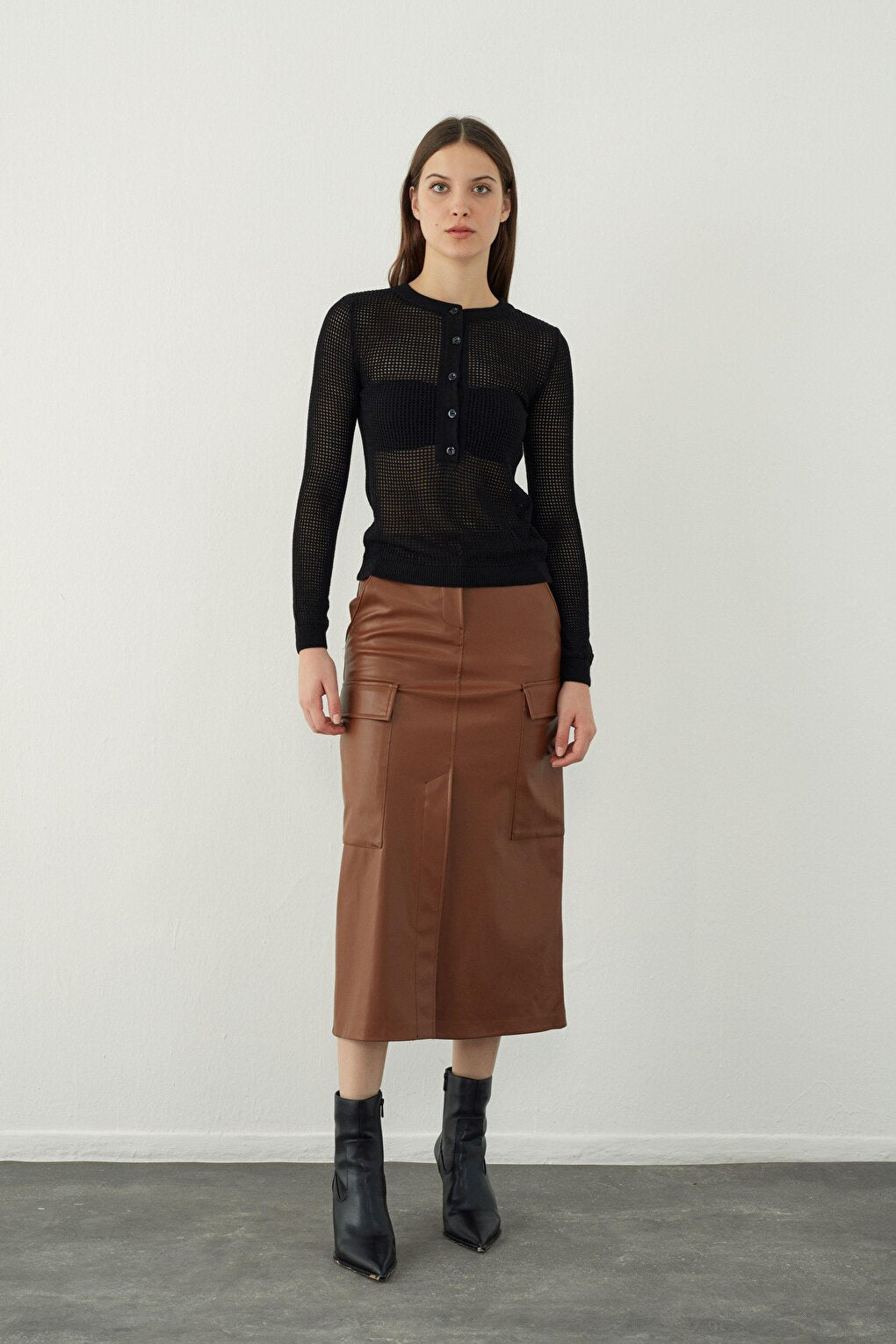 Brown Leather Look Midi Skirt with Pocket Detail