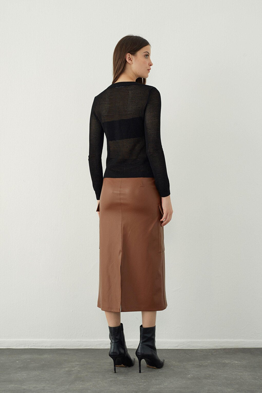 Brown Leather Look Midi Skirt with Pocket Detail