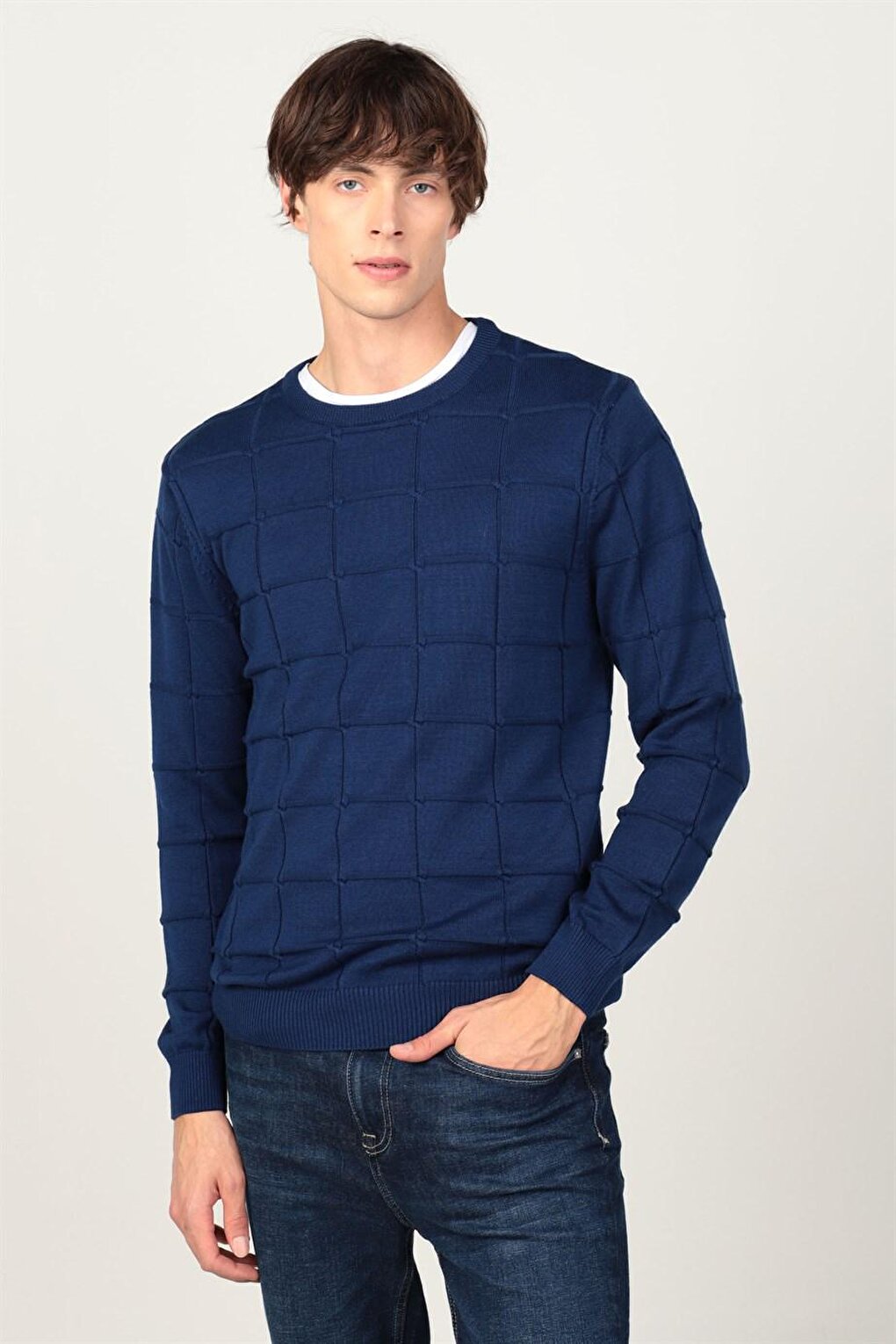 Slim Fit Crew Neck Square Patterned Men's Sweater