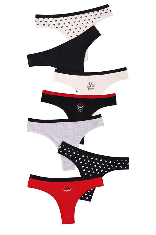 Women's Red Navy Blue Ecru Heart Brazilian Cotton Lycra Panties 7 Pack