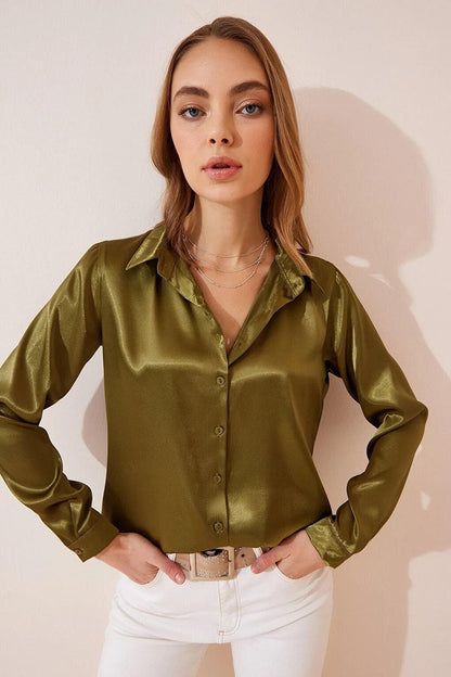 Women's Oil Green Lightly Flowing Satin Surface Shirt HZL22W-BD139641