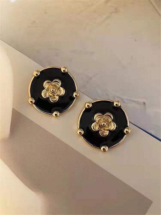 Black Vintage Earrings with Gold Flowers