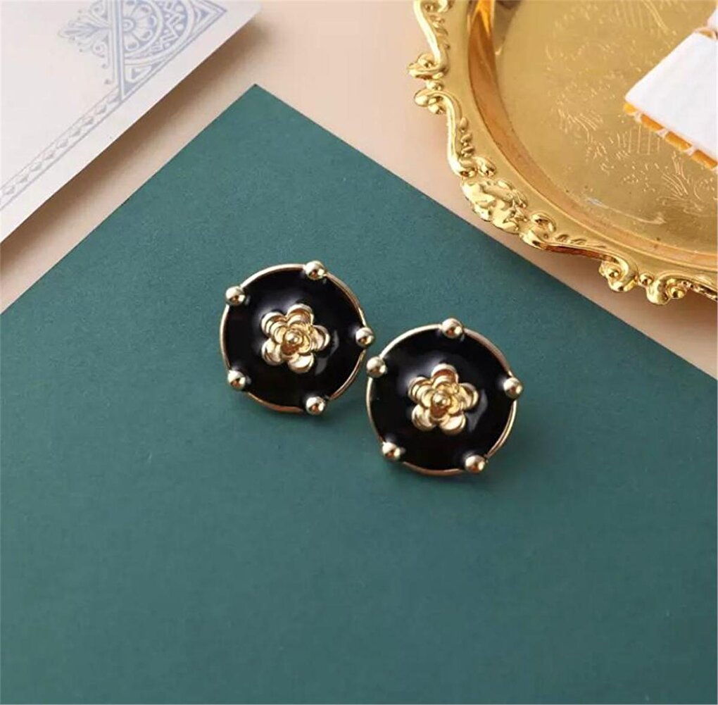 Black Vintage Earrings with Gold Flowers