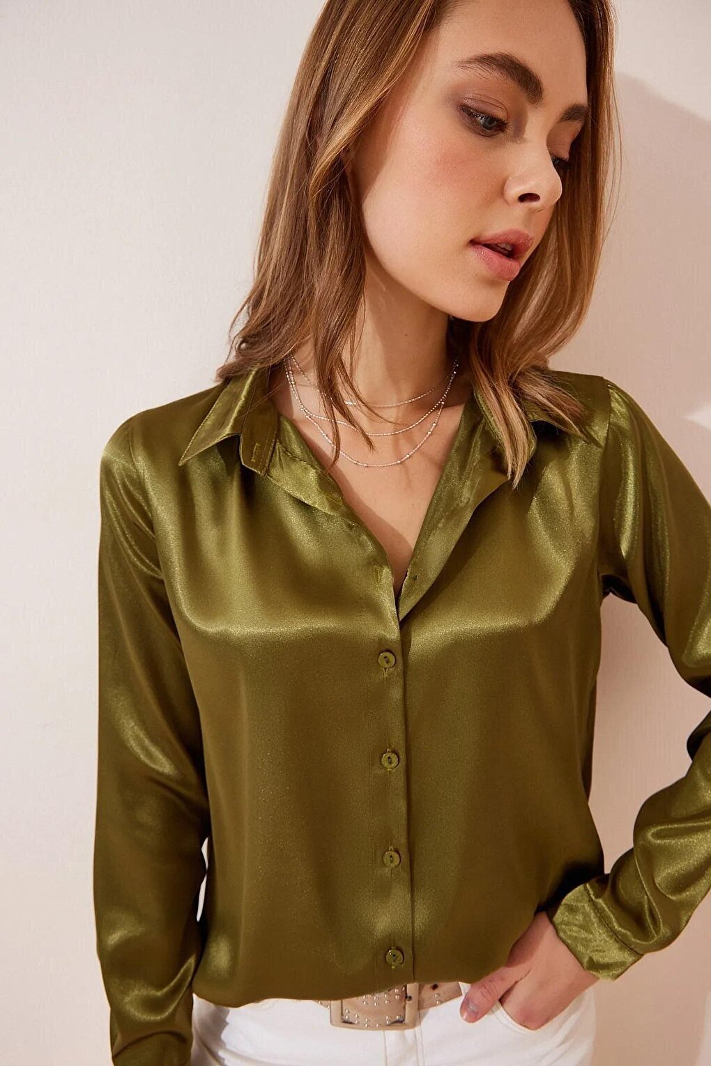 Women's Oil Green Lightly Flowing Satin Surface Shirt HZL22W-BD139641