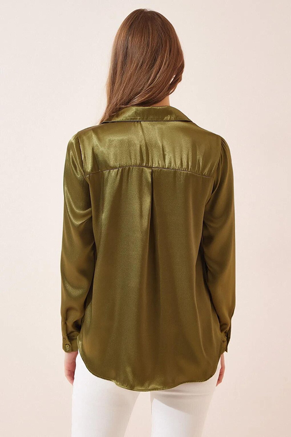 Women's Oil Green Lightly Flowing Satin Surface Shirt HZL22W-BD139641