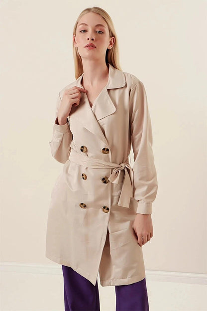 Women's Cream Double Breasted Collar Belted Unlined Seasonal Comfortable Short Trench Coat Hzl23S-BD158641