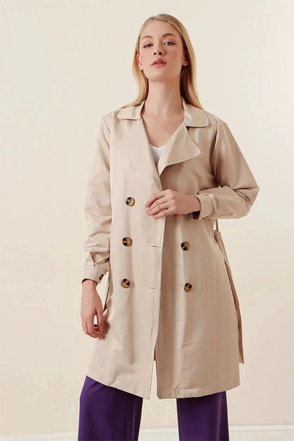 Women's Cream Double Breasted Collar Belted Unlined Seasonal Comfortable Short Trench Coat Hzl23S-BD158641