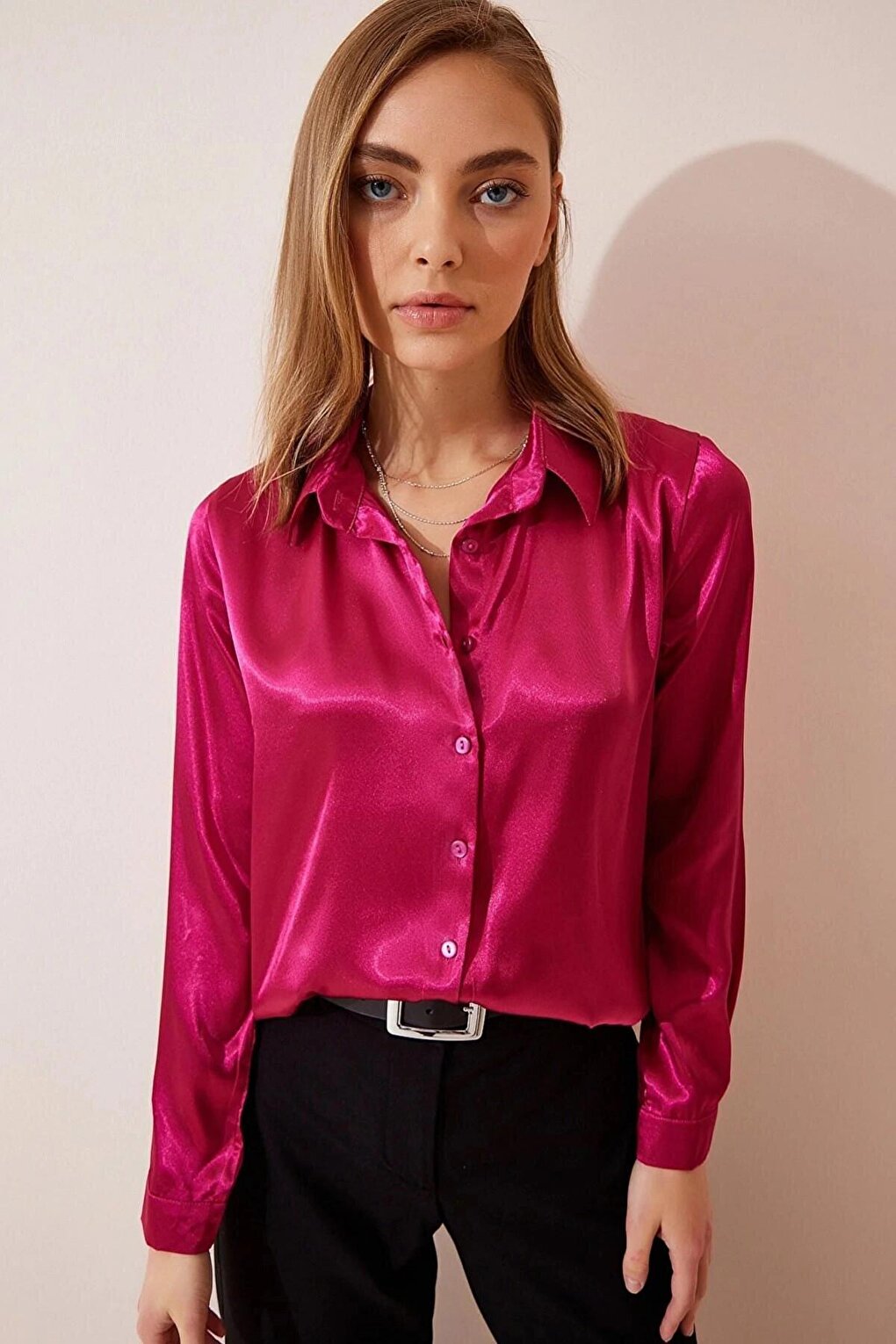 Women's Dark Pink Lightly Draped Satin Finished Shirt HZL22W-BD139641