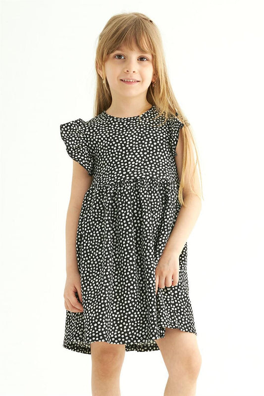 Girl's Black Colored Ruffle Polka Dot Dress