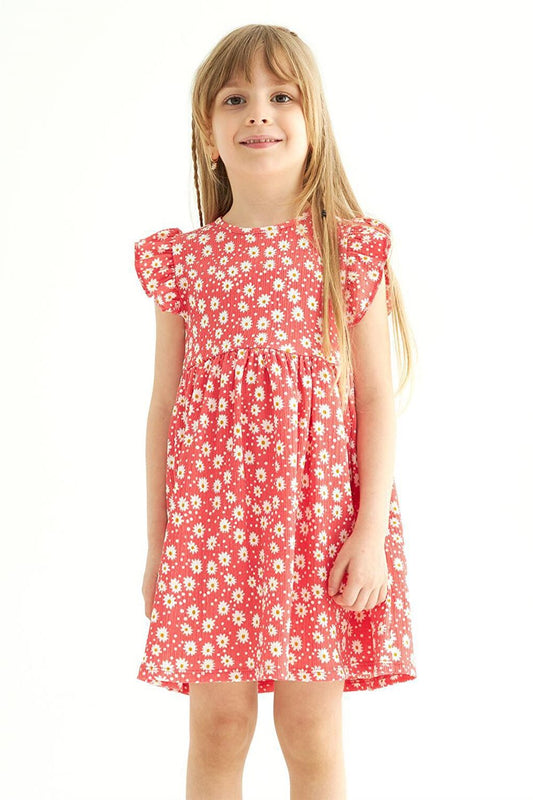 Girl's Pomegranate Flower Colored Ruffle Polka Dot Dress