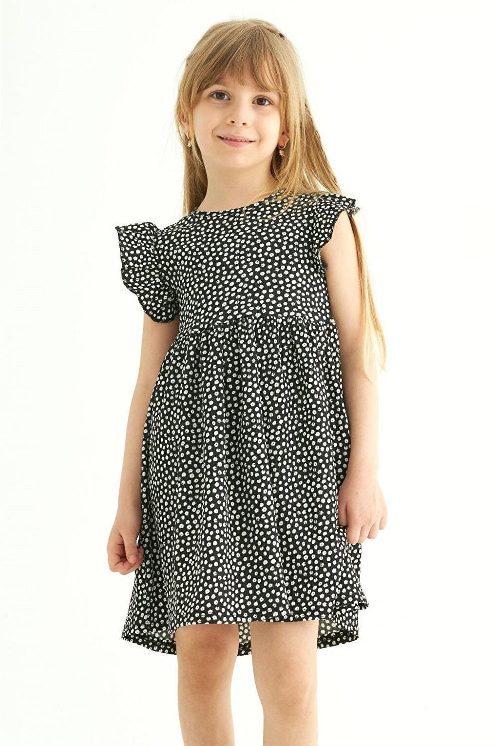 Girl's Black Colored Ruffle Polka Dot Dress