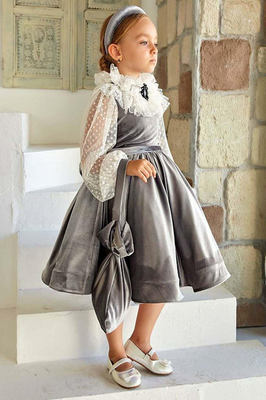 Girl's New Transparent Detailed Sleeves Gray Velvet Dress with Polka Dots