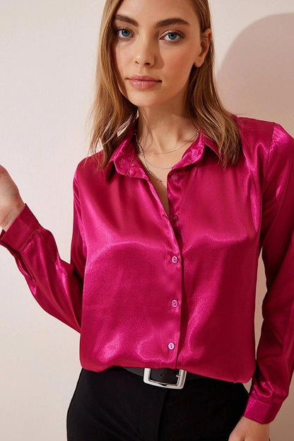 Women's Dark Pink Lightly Draped Satin Finished Shirt HZL22W-BD139641