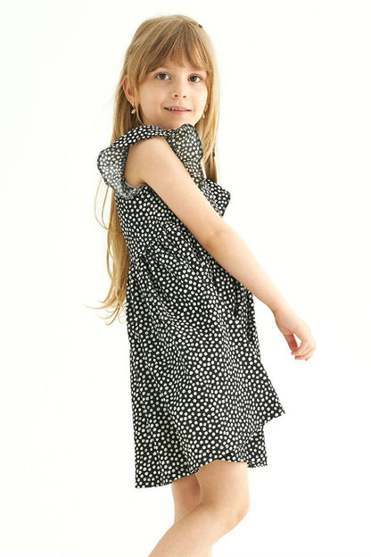 Girl's Black Colored Ruffle Polka Dot Dress