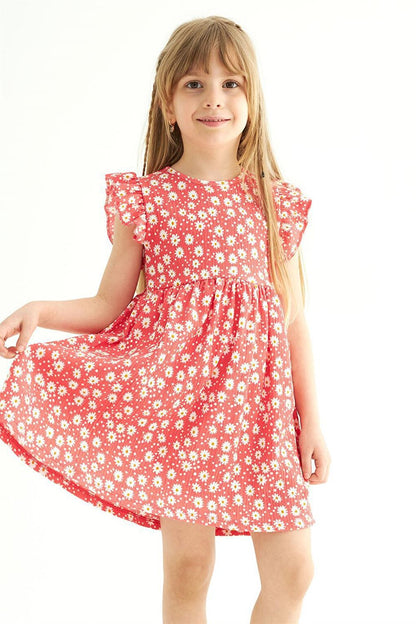 Girl's Pomegranate Flower Colored Ruffle Polka Dot Dress