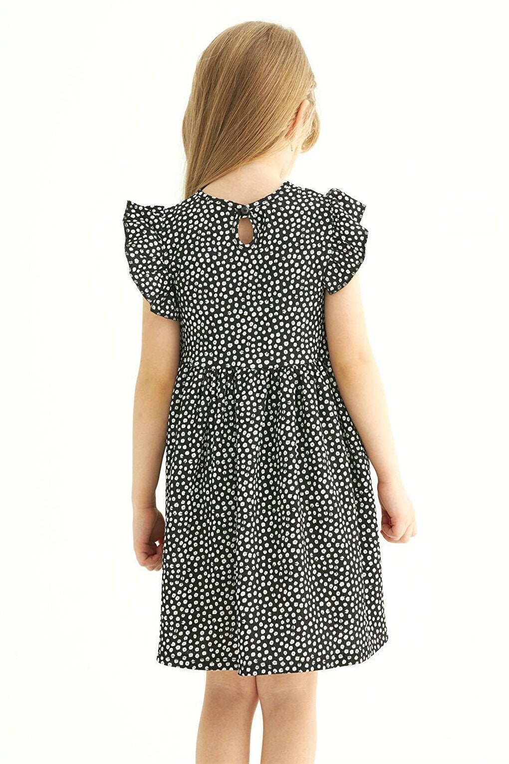 Girl's Black Colored Ruffle Polka Dot Dress