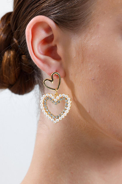 Gold Plated Pearl and Zircon Stone Pendant Heart Earrings