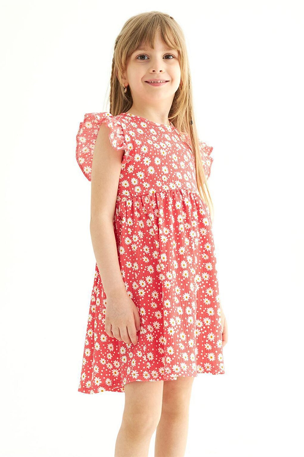 Girl's Pomegranate Flower Colored Ruffle Polka Dot Dress