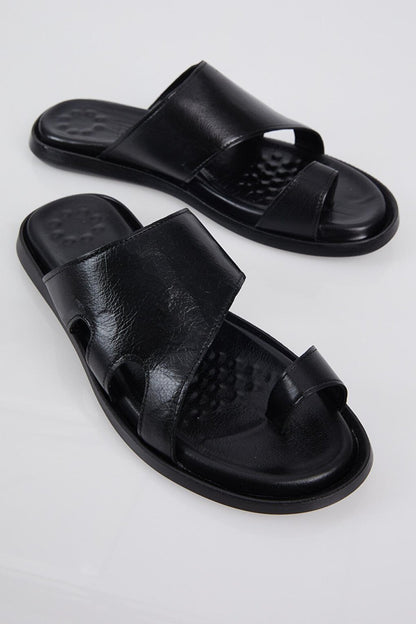 Men's Black Comfortable Genuine Leather Flip Flops