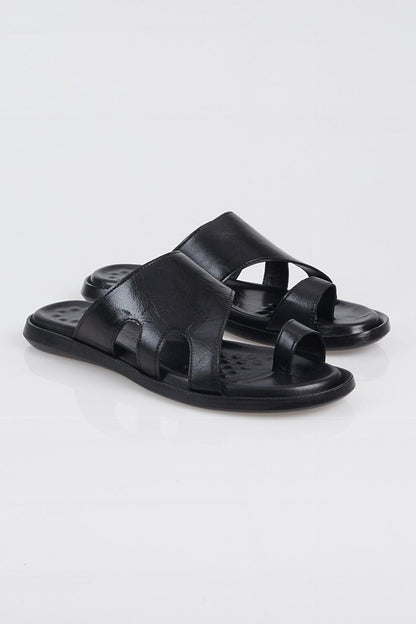 Men's Black Comfortable Genuine Leather Flip Flops