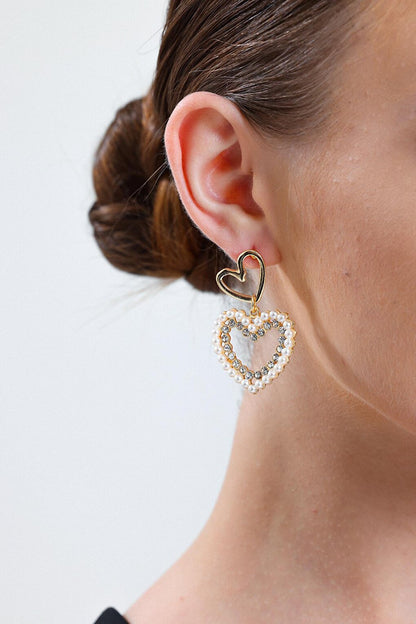 Gold Plated Pearl and Zircon Stone Pendant Heart Earrings