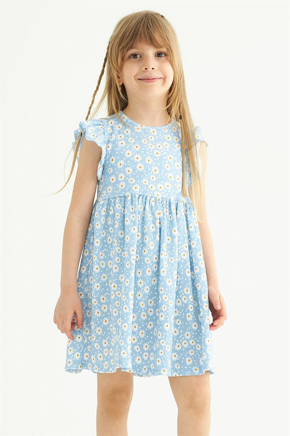 Girl's Baby Blue Colored Ruffle Polka Dot Dress