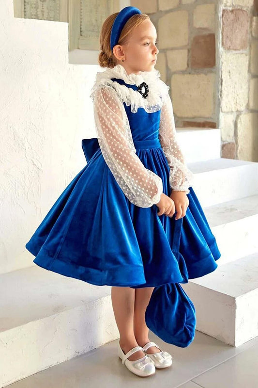 Girl's New Transparent Detailed Sleeves Blue Velvet Dress with Polka Dots