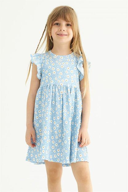 Girl's Baby Blue Colored Ruffle Polka Dot Dress