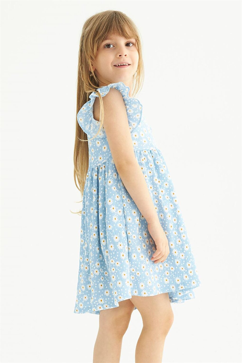 Girl's Baby Blue Colored Ruffle Polka Dot Dress