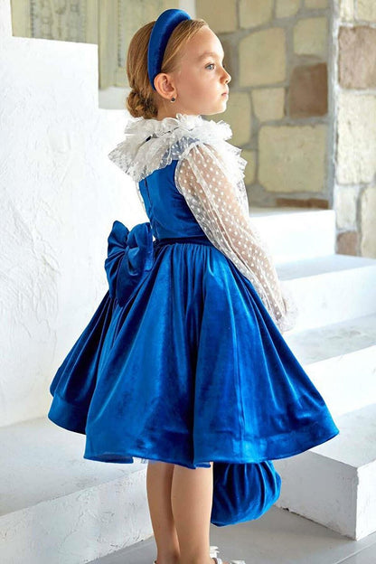 Girl's New Transparent Detailed Sleeves Blue Velvet Dress with Polka Dots