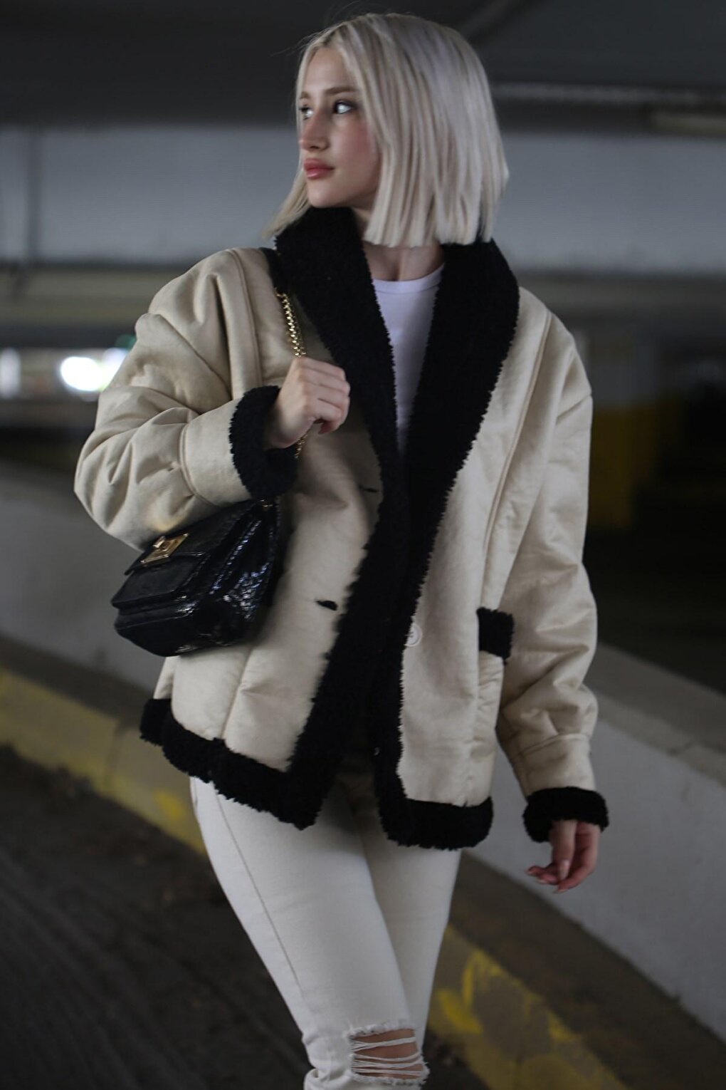 Beige Inside Faux Fur Biker Coat MG1329