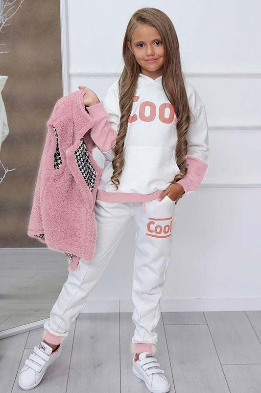 Girl's Cool Printed Hooded Sweatshirt and Pink Tracksuit with Plush Vest